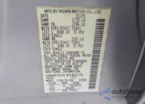 2005 Nissan Frontier Le из США, поврежденный, VIN 1N6AD07U55C416629